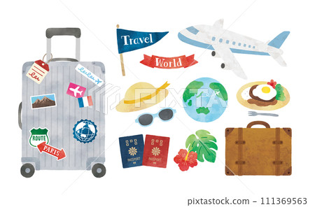 Travel icon set watercolor such as suitcase and airplane Travel icon set watercolor such as suitcase and airplane 111369563