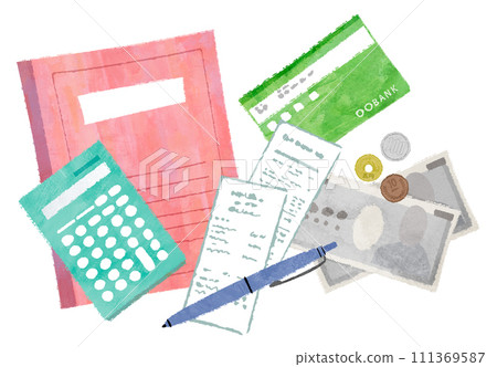家庭帳簿、計算機、收據、筆、存摺、分類帳、最終報稅表 111369587
