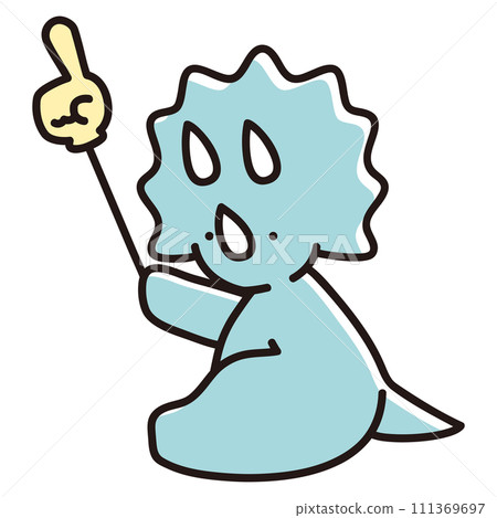 Illustration of a baby triceratops sitting and pointing to the upper left with a pointing stick 111369697