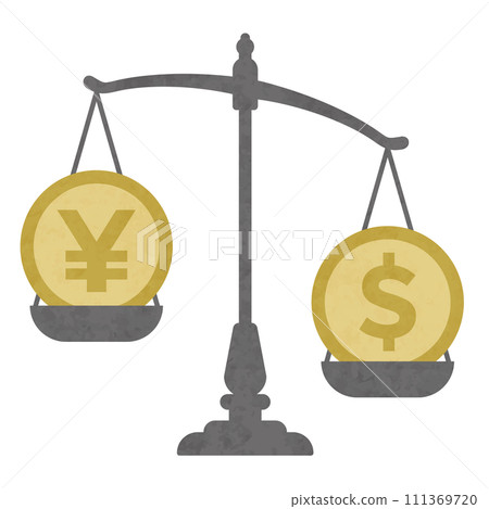 An illustration of a scale illustrating the dollar-yen exchange rate and what exchange is. An illustration of a scale illustrating the dollar-yen exchange rate and what exchange is. 111369720