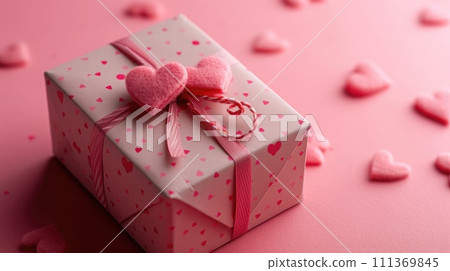 Valentine's themed gift box adorned with a pink ribbon and felt hearts on a romantic pink background. Generative AI 111369845