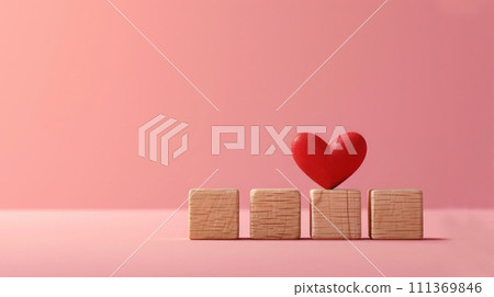 Four wooden blocks in a row with a 3d red heart, against a pink pastel background. Generative AI Four wooden blocks in a row with a 3d red heart, against a pink pastel background. Generative AI 111369846
