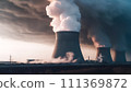 Smoke is coming from the turbine building of a nuclear power plant. 111369872