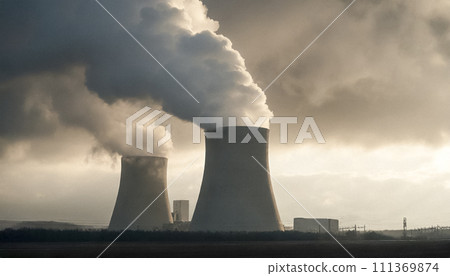 Smoke is coming from the turbine building of a nuclear power plant. Smoke is coming from the turbine building of a nuclear power plant. 111369874