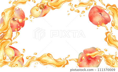 Frame of watercolor yellow splash juice and fig peach illustration isolated on white. Fruits liquid hand drawn. Design element for packaging, menu, label, drink, ice-cream, tableware 111370009