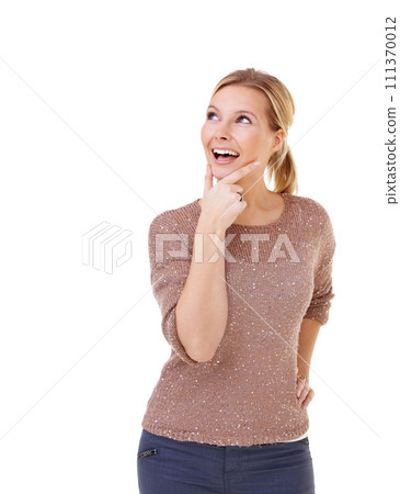 Smile, space and thinking with natural woman in studio isolated on white background for contemplation. Vision, future and planning with happy young person on mockup for inspiration or opportunity 111370012