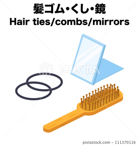 Isometric illustration of a hair tie, comb, and mirror 111370116