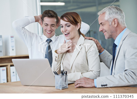 Wow, winner or happy woman with laptop for stock market goal, achievement or profit target online. Deal success, team or excited traders trading for bonus prize for financial or investment growth 111370345
