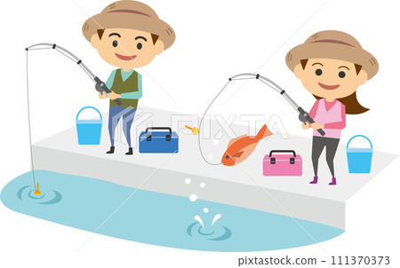 一個男人和一個女人釣魚的圖像插圖 一個男人和一個女人釣魚的圖像插圖 111370373