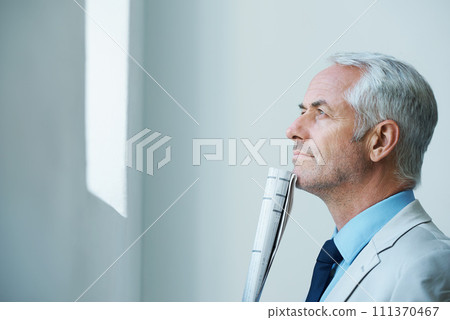 Mature, businessman and thinking with newspaper for information as accountant for world review, stock market or economy. Male person, thoughts and article in Canada or finance, planning or investment Mature, businessman and thinking with newspaper for information as accountant for world review, stock market or economy. Male person, thoughts and article in Canada or finance, planning or investment 111370467