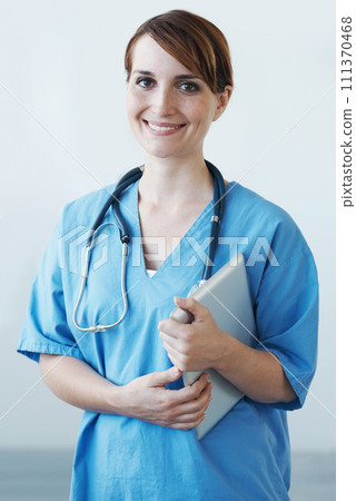 Smile, tablet and portrait of nurse in hospital for medical diagnosis or treatment research. Happy, pride and confident young female healthcare worker with digital technology in medicare clinic. 111370468