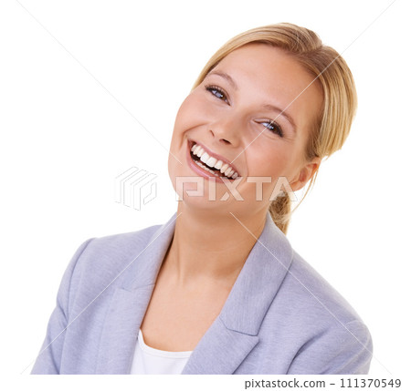 Professional woman, happy and face in studio with makeup, style and job pride with mockup space. Businesswoman, portrait and success with smile expression, confidence and natural on white background 111370549