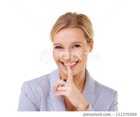 Secret, portrait and woman with finger on lips in studio for hush news, mute or quiet gesture on white background. Gossip, face and female model with hand emoji for privacy, confidential or whisper 111370569