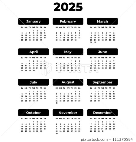 Vector vertical black calendar for 2025 year. Large bold font. Isolated. Template for planner 111370594