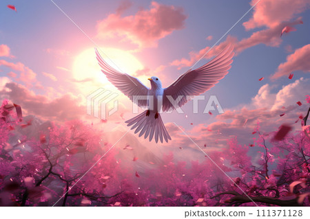 Illustration drawing of a white bird flying in the sky. The overall picture has a beautiful pink tone. It represents freedom that everyone desire, hopes, dreams and the spirit that yearns for freedom. Illustration drawing of a white bird flying in the sky. The overall picture has a beautiful pink tone. It represents freedom that everyone desire, hopes, dreams and the spirit that yearns for freedom. 111371128