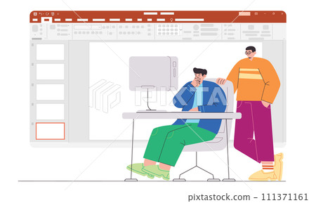 Slide presentation editing create revise pages two people edit coworking coworker in office Slide presentation editing create revise pages two people edit coworking coworker in office 111371161