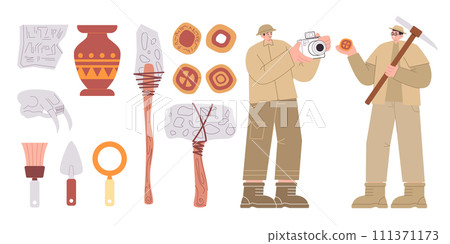 Archeologist exploration ancient treasure search dig equipment prehistoric archeology fossil flat illustration Archeologist exploration ancient treasure search dig equipment prehistoric archeology fossil flat illustration 111371173