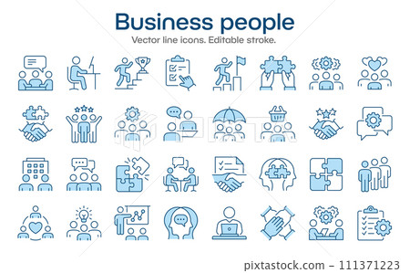 Business people icons, such as team, partnership, workshop, employee, career and more. Vector illustration isolated on white. Editable stroke. Change to any size and any color. 111371223
