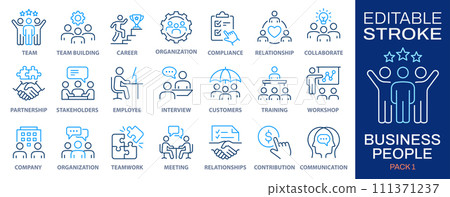 Business people line icons. Collection of team, leadership, workshop, employee, career and more. Vector illustration. Editable stroke. Business people line icons. Collection of team, leadership, workshop, employee, career and more. Vector illustration. Editable stroke. 111371237