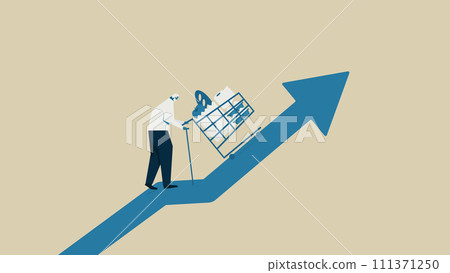 An elderly man pushing a shopping cart. He is walking on an arrow going up. An elderly man pushing a shopping cart. He is walking on an arrow going up. 111371250