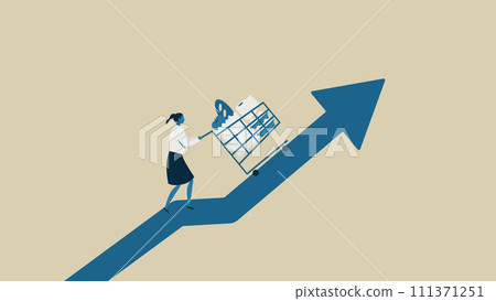 A woman pushing a shopping cart. She is walking on an arrow going up. A woman pushing a shopping cart. She is walking on an arrow going up. 111371251