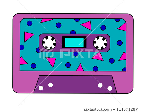 Retro vintage audio music cassette with magnetic tape. Abstract design in 90s, 80s, 70s style. Vector flat illustration. Retro vintage audio music cassette with magnetic tape. Abstract design in 90s, 80s, 70s style. Vector flat illustration. 111371287