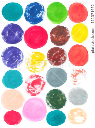 Set of multicolored watercolor circles of blue, red, yellow, green, orange and gray colors on white background 111371652