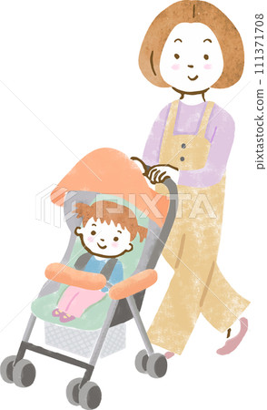 手繪插畫：母親推著嬰兒車行走 111371708