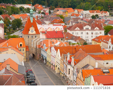Aerial view of gothic Lower Gate in Domazlice, Czech Republic 111371816