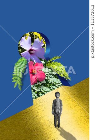 Door to new world. Childhood and dream concept. Conceptual image with girl dreaming about big future Door to new world. Childhood and dream concept. Conceptual image with girl dreaming about big future 111372012