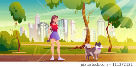 Young woman with dog walking in public city park Young woman with dog walking in public city park 111372121