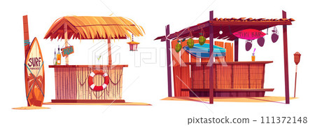 Beach tiki bar and standing surfboard. Beach tiki bar and standing surfboard. 111372148