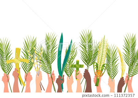 Palm Sunday celebration concept. Customs of different peoples of the world. Hands of people of different nationalities are raised with palm branches, sansevieria and a cross. Vector. Cartoon. Palm Sunday celebration concept. Customs of different peoples of the world. Hands of people of different nationalities are raised with palm branches, sansevieria and a cross. Vector. Cartoon. 111372357