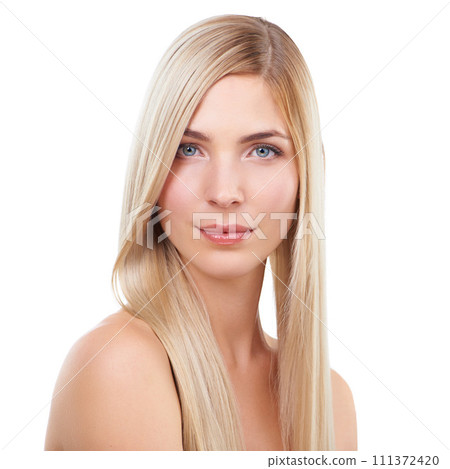 Straight hair, beauty and portrait of woman in makeup isolated on a white studio background. Face, hairstyle and young blonde model in cosmetics, skincare or salon treatment at hairdresser for shine 111372420