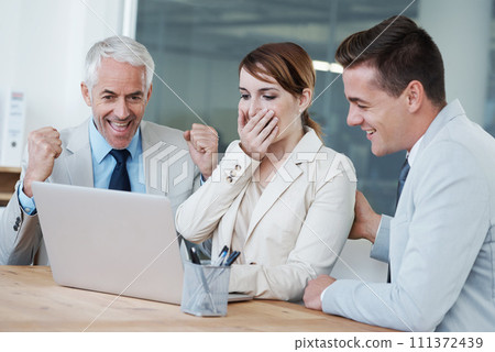 Success, shock or business people with laptop for stock market goals, achievement or profit target online. Deal, team meeting or excited traders winning a bonus prize on website for investment growth Success, shock or business people with laptop for stock market goals, achievement or profit target online. Deal, team meeting or excited traders winning a bonus prize on website for investment growth 111372439