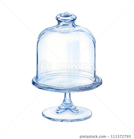 Cloche glass cake stand watercolor drawing dome. Glassware dish tray leg lid. Dessert treat fruit. Bakery transparent cover. Pastry aquarelle isolated white background. Transparent clear tableware Cloche glass cake stand watercolor drawing dome. Glassware dish tray leg lid. Dessert treat fruit. Bakery transparent cover. Pastry aquarelle isolated white background. Transparent clear tableware 111372793