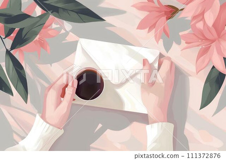 Female hands holding envelope with letter and cup of coffee, top view 111372876