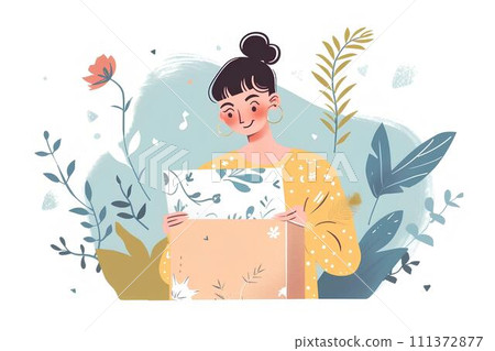 cute little girl  open gift box on a white background 111372877