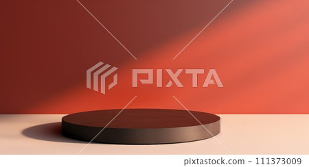 抽像水平模板與黑色圓柱形展台和紅色背景米色平地板。 AI生成影像 111373009