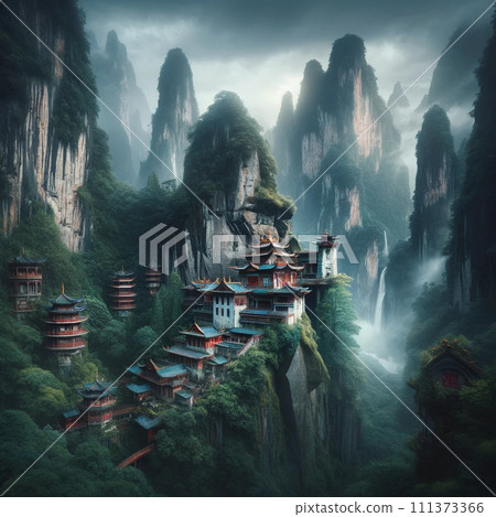 Mountains shrouded in fog - ancient Chinese landscape 111373366