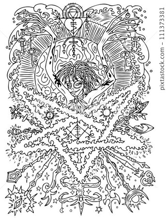 Fantasy engraved illustration with beautiful african woman as witch or magician for coloring page. Hand drawn graphic line art with ethnic concept as tattoo, poster or card.  111373381