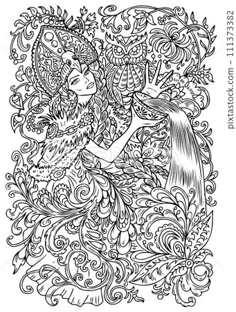 Fantasy engraved illustration with beautiful woman as witch or magician for coloring page. Hand drawn graphic line art with ethnic concept as tattoo, poster or card.  111373382