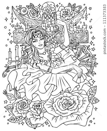 Fantasy engraved illustration with beautiful gypsy woman as witch or magician for coloring page. Hand drawn graphic line art with ethnic concept as tattoo, poster or card.  111373383