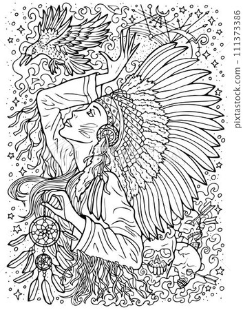Fantasy engraved illustration with beautiful American Indian woman as witch or magician for coloring page. Hand drawn graphic line art with ethnic concept as tattoo, poster or card.  111373386
