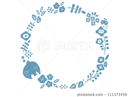 Scandinavian style light blue round frame with birds and plants Scandinavian style light blue round frame with birds and plants 111373439