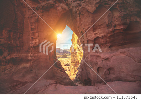 Arch in the rock. Desert nature landscape. Timna park. Israel Arch in the rock. Desert nature landscape. Timna park. Israel 111373543