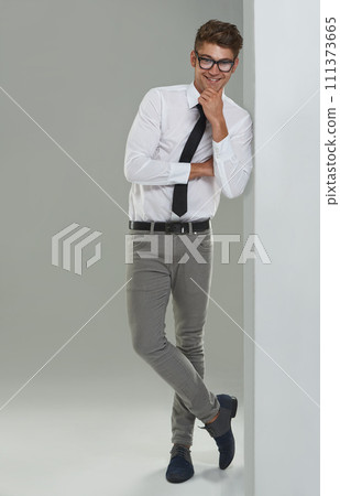 Business man, portrait and confidence in studio, formal fashion and consultant on gray background. Male person, full body and entrepreneur on backdrop, smiling and pride for career or startup company 111373665