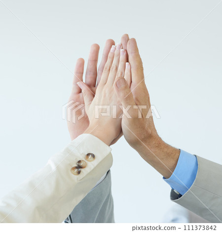 High five, success and hands of people with celebration of achievement and support for teamwork. Business, collaboration and team building gesture for cooperation, solidarity and pride for winning 111373842