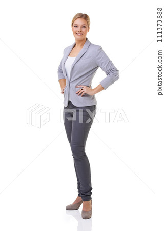 Style, smile and portrait of woman in studio with elegant, business or fancy outfit with blazer. Happy, confidence and full body of female person with corporate fashion isolated by white background. Style, smile and portrait of woman in studio with elegant, business or fancy outfit with blazer. Happy, confidence and full body of female person with corporate fashion isolated by white background. 111373888