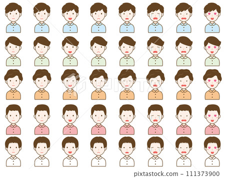 Young male icon set with various expressions, color 111373900